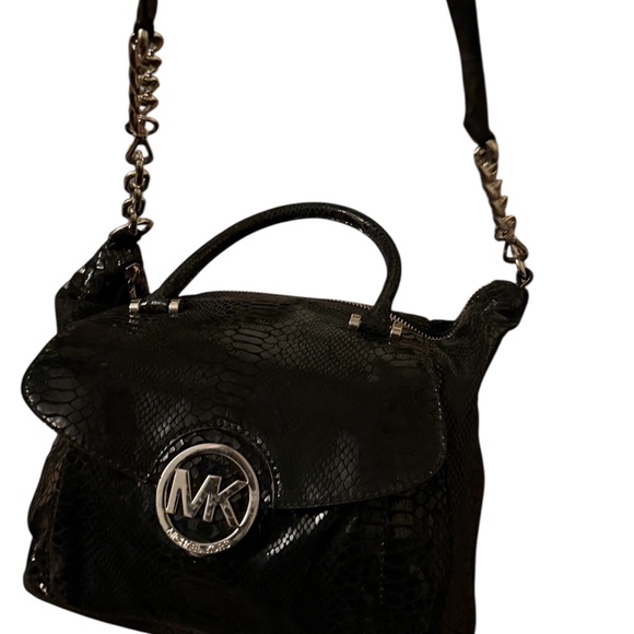 Michael Kors Chain Snake Embossed Leather Shoulder Bag/Cross Body Jet Set BlacK - Picture 4 of 15